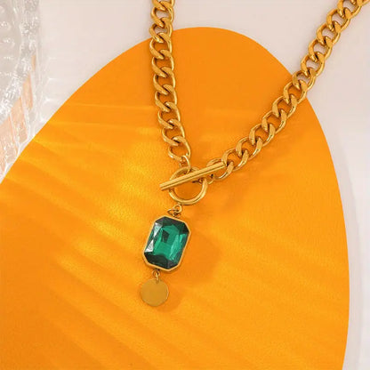Bulky Link Emerald Pendant Necklace | Gold