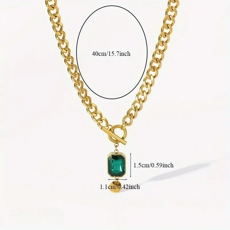 Bulky Link Emerald Pendant Necklace | Gold