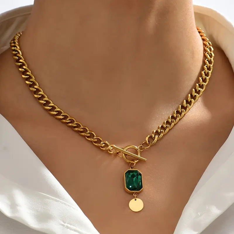 Bulky Link Emerald Pendant Necklace | Gold