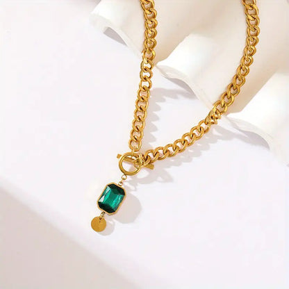 Bulky Link Emerald Pendant Necklace | Gold